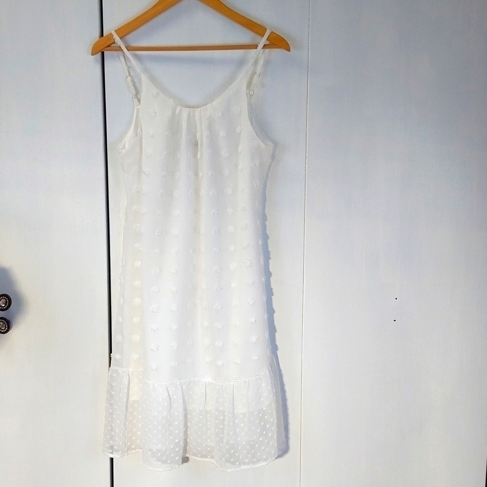 Grace Karin |White Swiss Dot Neutral Flirty Midi Dress Resortwear  Sz.Small